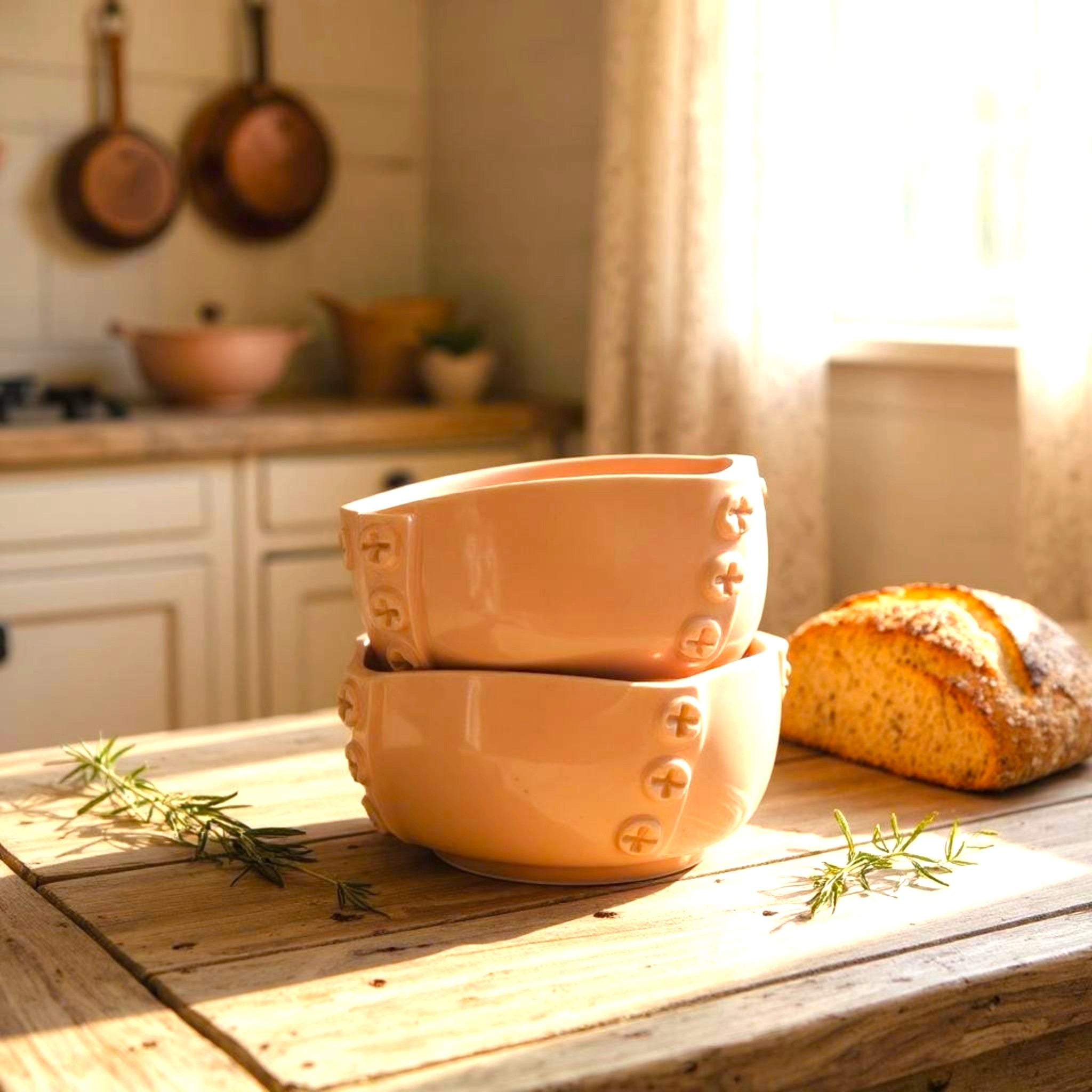 Two stacked pink ceramic bowls on a wooden surface with bread and herbs in a kitchen setting.